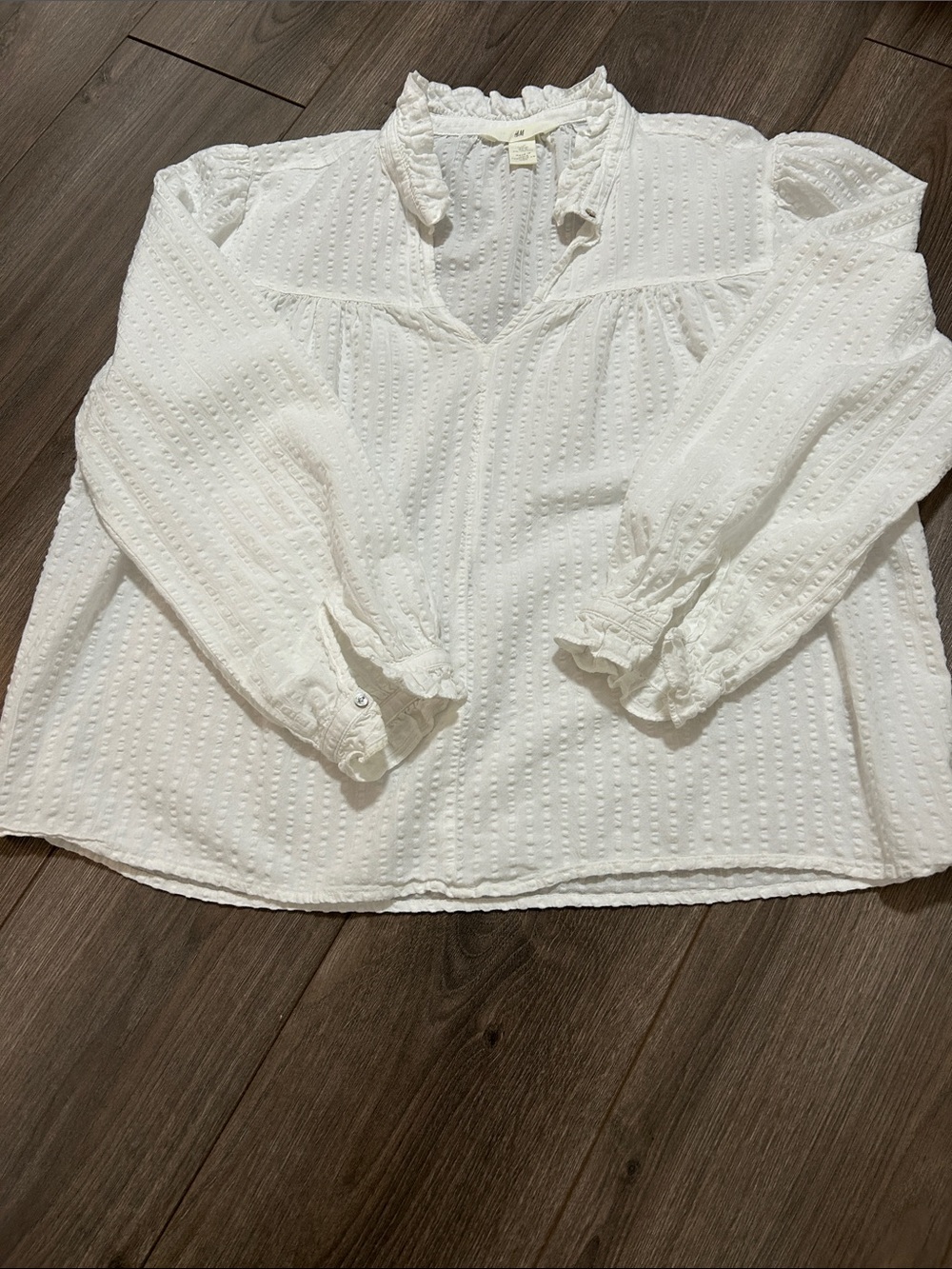 H&M White Swiss Dot Ruffle Peasant Blouse